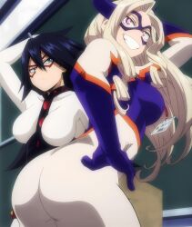 Rule 34 | 2girls, absurdres, anime screenshot, arm behind head, ass, black hair, blonde hair, blue eyes, bodysuit, boku no hero academia, breasts, domino mask, fake horns, hand on own hip, highres, horns, huge ass, large breasts, long hair, mask, midnight (boku no hero academia), model pose, mole, mole under eye, mount lady, multiple girls, pink eyes, skin tight, smile, stitched, third-party edit