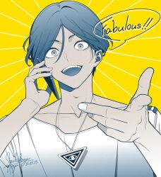 1boy :d blue_hair dated english_text eye_of_providence hair_between_eyes hands_up holding holding_phone index_finger_raised kiri_(fog_kai) looking_at_viewer male_focus meguriya_ayumu open_mouth phone pointing pointing_at_viewer shirt short_hair signature simple_background smile solo teeth toshi_densetsu_kaitai_center triangle_necklace upper_body upper_teeth_only white_shirt wide-eyed yellow_background