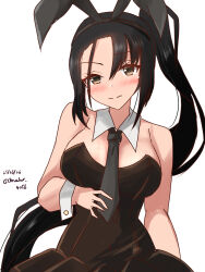 Rule 34 | animal ears, black dress, black necktie, blush, breasts, cleavage, dress, embarrassed, fake animal ears, highres, kantai collection, leotard, looking at viewer, medium breasts, nachi (kancolle), necktie, playboy bunny, rabbit ears, sawatani (chevalier 04056), strapless, strapless dress, upper body
