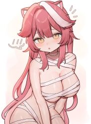 1girl :o animal_ears bandages blush breasts cleavage commentary hair_intakes highres hololive hololive_english large_breasts long_hair looking_at_viewer multicolored_hair naked_bandage nude open_mouth panther_ears panther_girl pink_hair raora_panthera solo spoken_blush streaked_hair szuukie thighs virtual_youtuber yellow_eyes