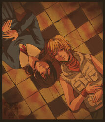2girls alessa_gillespie blonde_hair brown_hair closed_eyes commentary english_commentary from_above heather_mason long_hair lying multiple_girls on_back ruedefaux short_hair silent_hill_(series) silent_hill_3 sleeveless tile_floor tiles vest