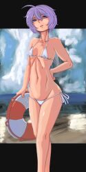 1girl ahoge beach beyond_citadel bikini blue_sky breasts day doekuramori game_cg holding horizon innertube looking_at_viewer martyr_(the_citadel) navel non-web_source ocean official_alternate_costume official_art outdoors purple_eyes purple_hair revealing_clothes sand short_hair sky small_breasts solo swim_ring swimsuit the_citadel water white_bikini