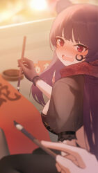 1girl @_@ absurdres bingzhi_juzi black_gloves black_pantyhose blush breasts calligraphy_brush chinese_commentary chinese_new_year commentary_request girls&#039;_frontline girls&#039;_frontline_2:_exilium gloves hair_bun highres holding holding_calligraphy_brush holding_paintbrush long_hair looking_at_viewer makiatto_(embroidered_bamboo_blooming_shadows)_(girls&#039;_frontline_2) makiatto_(girls&#039;_frontline_2) official_alternate_costume open_mouth paintbrush pantyhose pov pov_hands print_scarf purple_hair red_scarf scarf single_hair_bun snow_print teeth upper_teeth_only wa2000_(girls&#039;_frontline)