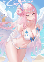 1girl angel_wings bare_shoulders beach bikini black_scrunchie blue_archive blue_bow blue_ribbon blue_sky blush bow breasts choker cleavage closed_mouth cloud cloudy_sky collarbone commentary cross day feathered_wings fingernails flower frilled_bikini frills hair_bun hair_flower hair_ornament hair_ribbon halo highres holding_strap large_breasts long_hair looking_at_viewer low_wings mika_(blue_archive) nail_polish navel ocean outdoors pink_hair pink_halo print_scrunchie purple_flower ribbon rorokaede sand scrunchie shirt single_side_bun sky smile solo starry_sky_print stomach swimsuit thighs white_bikini white_choker white_ribbon white_shirt white_wings wings wrist_scrunchie yellow_eyes