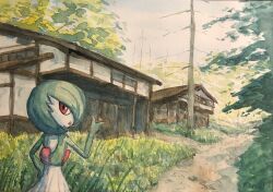 Rule 34 | 1girl, artist name, back, bare tree, blue sky, bob cut, colored skin, day, female focus, from behind, gardevoir, gen 3 pokemon, grass, green hair, green skin, hand on own hip, hand up, house, keishi (pixiv 1245064), looking at viewer, looking back, multicolored skin, nintendo, open mouth, outdoors, painting (medium), path, pointing, pokemon, pokemon (creature), red eyes, road, scenery, short hair, signature, sky, solo, standing, traditional media, tree, two-tone skin, upper body, watercolor (medium), white skin