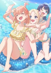 Rule 34 | 3girls, :d, ;d, ^ ^, absurdres, barefoot, bikini, blonde hair, blue bikini, blue eyes, blue hair, blush, breasts, closed eyes, comiket 106, commentary request, curtained hair, fang, flower, frilled bikini, frills, gingham bikini, gradient hair, hair flower, hair ornament, hasu no sanrenka, highres, hinoshita kaho, inflatable toy, inflatable whale, kobassy, large breasts, link! like! love live!, love live!, medium hair, mismatched bikini, multicolored hair, multiple girls, murano sayaka, off-shoulder bikini, off shoulder, official alternate costume, one eye closed, open mouth, orange hair, osawa rurino, parted bangs, pink flower, red flower, smile, swimsuit, toes, virtual youtuber, yellow bikini