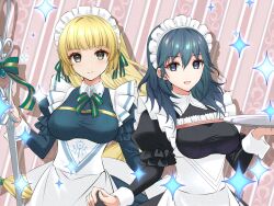 Rule 34 | 2girls, alternate costume, apron, blonde hair, blue dress, blue eyes, blunt bangs, bow, breasts, closed mouth, dress, female byleth (fire emblem), fire emblem, fire emblem: three houses, fire emblem heroes, green eyes, hair between eyes, hair ornament, headdress, highres, holding, holding staff, holding tray, ingrid brandl galatea, ingrid brandl galatea (cordial teatime), kakiko210, large breasts, long hair, long sleeves, maid, maid apron, maid headdress, medium breasts, multiple girls, nintendo, official alternate costume, open mouth, plate, smile, staff, tray, upper body, white apron