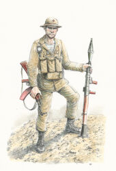 1boy akm ammunition_pouch assault_rifle black_boots blue_shirt boots brown_jacket brown_pants cargo_pants chest_rig closed_mouth combat_boots commentary dirt english_commentary facial_hair full_body gun gun_sling hat holding holding_gun holding_weapon jacket jesusfood kalashnikov_rifle lips load_bearing_equipment long_sleeves marker_(medium) military military_hat military_jacket military_uniform nose open_collar original pants partially_unbuttoned pouch red_star rifle rocket_launcher rpg rpg-7 rpg_(weapon) serious shaded_face shirt soil solo soviet soviet_army standing star_(symbol) straight-on striped_clothes striped_shirt t-shirt telnyashka traditional_media war_in_afghanistan weapon white_shirt