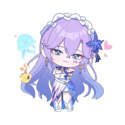 Rule 34 | 1girl, :3, blue eyes, blue flower, cantarella (wuthering waves), chibi, chibi only, closed mouth, commentary request, dress, earrings, facial mark, flower, hair between eyes, hair flower, hair ornament, headdress, heart, jellyfish, jewelry, kaerunrun, kneehighs, legwear cutout, long hair, looking at viewer, mark under eye, pointing, pointing at viewer, purple hair, simple background, single thighhigh, socks, solo, thighhighs, very long hair, white background, white dress, white socks, white thighhighs, wuthering waves