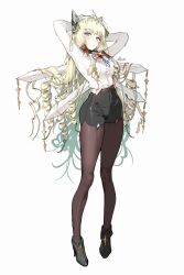 1girl a_(sofi3103) black_shorts brown_pantyhose crown_(nikke) drill_hair full_body goddess_of_victory:_nikke hair_spread_out highres long_hair long_sleeves pantyhose shirt shorts simple_background solo too_many_drills white_background white_shirt