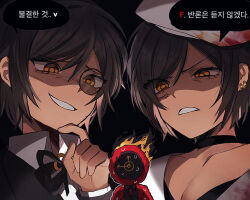 1other 2girls blood blood_on_clothes breasts brown_eyes brown_hair cleavage clock collared_shirt dante_(limbus_company) dual_persona earrings hat jewelry korean_text limbus_company monocle multiple_girls object_head outis_(project_moon) project_moon ring_(identity)_(project_moon) scowl shirt sidelocks speech_bubble translation_request white_hat white_shirt yippee