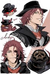 1boy animalization ardyn_izunia aries20770321 black_coat black_hat black_sclera brown_eyes brown_hair cat character_name cheekbones coat colored_sclera facial_hair final_fantasy final_fantasy_xv hair_between_eyes hat heterochromia highres male_focus medium_hair neckerchief parted_bangs parted_lips red_eyes red_neckerchief shirt smile solo stubble upper_body wavy_hair white_shirt