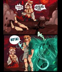 1boy 1girl absurdres archaic_set_(zelda) black_gloves blonde_hair english_text eyeshadow glasses gloves hair_bun hair_ornament highres if_we_win_i&#039;ll_sit_on_your_face_(meme) karbuitt link makeup meme nintendo pantyhose parody pointy_ears purah red-framed_eyewear red_eyes red_eyeshadow round_eyewear sandals short_hair standing the_legend_of_zelda the_legend_of_zelda:_tears_of_the_kingdom white_hair