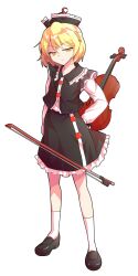 1girl alphes_(style) arm_at_side black_hat black_shoes black_skirt blonde_hair bow_(music) collared_shirt commentary_request crescent dairi frilled_hat frilled_shirt_collar frilled_skirt frills full_body hair_between_eyes hand_on_own_hip hat instrument large_variant_set legs_apart loafers long_sleeves lunasa_prismriver no_pupils parody shirt shoes short_hair skirt socks solo standing style_parody tachi-e touhou transparent_background undershirt variant_set violin white_shirt white_socks