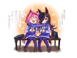 Rule 34 | 2girls, :d, ^ ^, animal ears, bag, black hat, blue flower, blue rose, blue scarf, bow, brown hair, brown shoes, can, closed eyes, commentary request, ear bow, flower, fringe trim, hair over one eye, haru urara (umamusume), hat, hat flower, highres, holding, holding can, horse ears, horse girl, horse tail, long sleeves, moko39 takasora, multiple girls, on bench, open mouth, parted lips, pink hair, plaid clothes, plaid scarf, pleated skirt, ponytail, puffy long sleeves, puffy sleeves, purple eyes, purple shirt, purple skirt, purple thighhighs, rice shower (umamusume), rose, scarf, school bag, school uniform, shared clothes, shared scarf, shirt, shoes, sitting, skirt, smile, tail, thighhighs, tilted headwear, tracen school uniform, translation request, umamusume, white bow