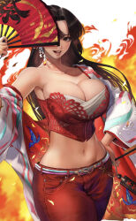 1girl armpit_peek belt black_hair breasts brown_eyes cleavage collarbone commentary corset cowboy_shot crop_top fatal_fury folding_fan gauss_&lt;bokashi hair_ornament hand_fan hand_on_own_hip haori highres holding holding_fan japanese_clothes large_breasts lips long_hair looking_at_viewer midriff navel official_alternate_costume official_alternate_hairstyle pants parted_lips pink_lips red_bustier red_pants shiranui_mai single_bare_shoulder solo strapless street_fighter street_fighter_6 teasing tube_top white_background
