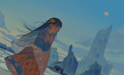 1girl amo_(amo_0514) black_hair blue_dress blue_hair blue_sky blush building chinese_commentary clenched_hand closed_mouth cloud colored_inner_hair commentary_request dawn dress dutch_angle earrings floating_clothes floating_hair flower from_side full_moon gold_flower gradient_sky hair_flower hair_ornament hand_on_own_chest hand_up highres jewelry long_hair long_sleeves looking_ahead moon multicolored_dress multicolored_hair orange_dress original outdoors print_dress red_eyes rose ruins see-through_clothes see-through_dress_layer sky solo standing yellow_sky