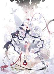 1girl :d ahoge bird black_shoes bow breasts bridal_gauntlets commentary crown dress eleanor_forte english_commentary envelope feathers flower full_body green_eyes grey_bow hair_between_eyes highres long_hair looking_at_viewer open_mouth second-party_source seria_(se_ria) shoes smile solo striped_bow synthesizer_v very_long_hair wax_seal white_dress white_flower white_hair