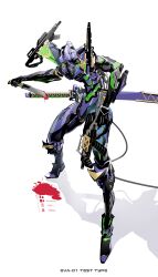 1other absurdres armor blood bloody_weapon character_name eva_01 green_armor gun highres holding holding_gun holding_knife holding_weapon katana knife kurobameiyos mecha mecha_focus mechanical_arms multicolored_armor neon_genesis_evangelion purple_armor robot sword weapon