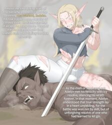Rule 34 | 1boy, 1girl, blonde hair, blood, blue eyes, boots, bruise, colored skin, dark-skinned male, dark skin, elf, english text, hetero, highres, holding, holding sword, holding weapon, injury, long hair, lying, muscular, original, pants, pointy ears, scar, soraoraora, sweat, sword, teeth, torn clothes, weapon, white pants