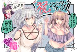 3girls :d :o absurdres breasts brown_eyes character_request cleavage denim denim_shorts disc hand_on_own_hip highres icha_ane! large_breasts long_hair multiple_girls nanbu_haruka nanbu_tsukasa official_art open_mouth purple_eyes shirt shorts siblings sisters smile strapless tai_(nazutai) tube_top twintails white_hair white_shirt