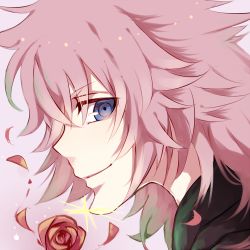 1boy black_coat_(kingdom_hearts) blue_eyes close-up comically_sharp_chin flower glint inazume-panko kingdom_hearts looking_at_viewer lowres male_focus marluxia pink_background pink_hair pinko_(inazume-panko) portrait rose simple_background smile solo sparkle upper_body