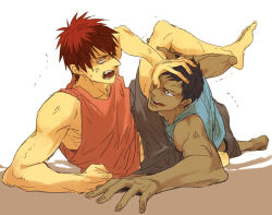 2boys anger_vein angry aomine_daiki bare_shoulders barefoot black_hair black_shorts blue_tank_top clenched_hand dark-skinned_male dark_skin fangs fighting forked_eyebrows hand_on_another&#039;s_head kagami_taiga kuroko_no_basuke leg_up lying male_focus motion_lines multiple_boys negushi no_pupils on_side open_mouth red_hair red_tank_top short_hair shorts simple_background tank_top teeth tongue tongue_out trembling upper_teeth_only white_background white_eyes yaoi