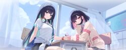 2girls black_hair black_mask black_survival blue_eyes blue_necktie breasts debi_(after_school)_(black_survival) debi_(black_survival) eternal_return:_black_survival green_hair highres large_breasts looking_at_viewer marlene_(after_school)_(black_survival) marlene_(black_survival) multicolored_hair multiple_girls necktie pink_hair pink_necktie red_eyes shirt siblings tenshi_ming thighs twins two-tone_hair white_shirt