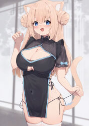 1girl :d absurdres animal_ears black_dress blue_eyes blush breasts cat_ears cat_girl cat_tail china_dress chinese_clothes cleavage cleavage_cutout clothing_cutout covered_navel double_bun dress hair_bun highres hinata_(user_rjkt4745) large_breasts looking_at_viewer open_mouth original smile solo standing tail thighhighs thighs white_thighhighs