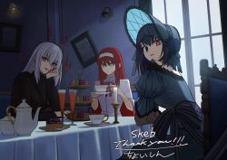 Rule 34 | 3girls, aqua dress, black eyes, black hair, blue dress, body markings, candle, commission, cup, dark persona, dark sakura, dress, fate/grand order, fate/stay night, fate (series), food, frilled dress, frills, highres, holding, holding cup, kuonji alice, kuonji alice (third ascension), looking at viewer, macaron, matou sakura, multiple girls, red eyes, red hair, shintyoi2, skeb commission, striped clothes, striped dress, tea set, teacup, tohno akiha, toono akiha, tsukihime, type-moon, vermillion akiha, white hair
