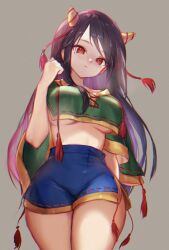 1girl black_hair blue_shorts breasts green_shirt highres horns large_breasts long_hair looking_at_viewer nippaku_zanmu no_bra red_eyes rhea_(156latte) shirt short_sleeves shorts solo thick_thighs thighs touhou underboob