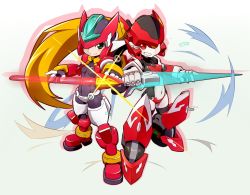 2girls aile_(mega_man_zx) android armor bingshan blonde_hair bodystocking bodysuit breasts closed_mouth covered_navel crossover energy_blade energy_sword gloves green_eyes helmet highres holding holding_sword holding_weapon long_hair looking_at_viewer magic_henshin mega_man_(series) mega_man_zx model_zx_(mega_man) multiple_girls no_humans ponytail power_armor red_eyes red_helmet robot scarlet_sonic skin_tight small_breasts smile sword teeth weapon