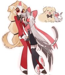 Rule 34 | 2girls, animal ears, animalization, blonde hair, blush stickers, cat ears, cat tail, charlie morningstar, collared shirt, dog ears, dog tail, hair ribbon, hazbin hotel, highres, holding hands, long hair, looking at viewer, multiple girls, person and animalization, red eyes, ribbon, shirt, skirt, tail, tppiiiiqqt, white hair