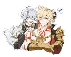 2boys animal_ears armor cat_boy cat_ears closed_mouth crossed_arms dog_boy dog_ears dog_tail ggtnnk grey_hair hair_between_eyes highres honkai:_star_rail honkai_(series) male_focus medium_hair multiple_boys muscular muscular_male mydei_(honkai:_star_rail) open_mouth orange_hair parted_bangs pauldrons phainon_(honkai:_star_rail) red_tattoo short_hair shoulder_armor simple_background single_pauldron smile tail teeth upper_body upper_teeth_only white_background