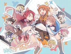 8ee76jknffwexba ahoge birthday_cake black_hair blonde_hair blue_background blue_hair boots bracelet braid brown_hair butterfly_hair_ornament cake chibi closed_eyes english_text everyone food green_eyes grey_hair hair_ornament hairband happy_birthday hat highres hug jewelry jumping kunikida_hanamaru kurosawa_dia kurosawa_ruby love_live! love_live!_sunshine!! matsuura_kanan multiple_girls necktie ohara_mari one_eye_closed open_mouth orange_hair purple_hair red_eyes red_hair sakurauchi_riko shoes simple_background single_braid skirt smile takami_chika thighs tsushima_yoshiko watanabe_you yellow_eyes