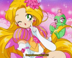 1990s_(style) 1girl absurdly_long_hair adapted_costume animification back_bow bad_id bad_twitter_id bare_legs blonde_hair bow bow_choker bowtie bra brooch choker commentary cowboy_shot dot_nose earrings elbow_gloves english_commentary english_text eyelashes faux_retro_artstyle film_grain finger_to_cheek flower flower_brooch flower_earrings gloves gradient_background green_eyes hair_flower hair_ornament happy honeymoonpetal jewelry knees lace lace_bra leotard light_blush lizard long_hair looking_at_viewer magical_girl miniskirt neck_flower one_eye_closed open_mouth orange_bow orange_bowtie parody pascal_(tangled) pink_background pink_flower pleated_skirt puffy_short_sleeves puffy_sleeves purple_background purple_bow purple_choker purple_skirt purple_sleeves rapunzel_(disney) retro_artstyle short_sleeves skirt sleeved_leotard smile sparkle style_parody tangled tareme underwear vertical-striped_sleeves very_long_hair white_gloves white_leotard