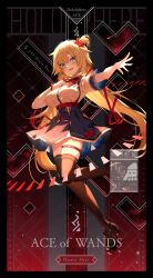 1girl :d ace_of_wands_(tarot) akai_haato akai_haato_(1st_costume) aqua_eyes belt black_thighhighs blonde_hair blue_skirt breasts brown_shoes card_(medium) character_name collared_shirt commentary_request english_text full_body hair_between_eyes hair_ornament hair_ribbon hand_on_own_chest heart heart_hair_ornament high-waist_skirt highres hololive ishihara_(kuniyoshi) large_breasts loafers long_hair looking_at_viewer miniskirt neck_ribbon one_side_up open_mouth outstretched_arm red_ribbon ribbon shirt shoes short_sleeves skirt smile solo tarot tarot_(medium) teeth thigh_belt thigh_strap thighhighs underbust upper_teeth_only very_long_hair virtual_youtuber white_shirt