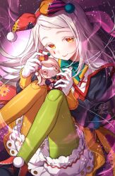 1girl artist_name asymmetrical_legwear black_shirt blonde_hair bloomers blush bow bowtie character_doll closed_mouth commentary_request doll doll_joints fancy_dress_party_(idolmaster) feet_out_of_frame flower gakuen_idolmaster gloves green_bow green_bowtie green_pantyhose hair_ornament halloween halloween_costume highres holding holding_doll idolmaster joints long_hair long_sleeves looking_at_viewer mismatched_legwear multicolored_bow multicolored_bowtie orange_eyes orange_pantyhose pantyhose parted_bangs shinishi_chiho shinosawa_hiro shirt signature smile solo teardrop_facial_mark tongue tongue_out underwear white_bloomers white_flower white_gloves