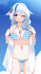 1girl animal_ears bare_shoulders bikini blue_bikini blue_eyes blue_hair blue_sky blush breasts butterfly_hair_ornament cleavage cloud collarbone cowboy_shot day flower gluteal_fold grin hair_between_eyes hair_flaps hair_flower hair_ornament hair_over_shoulder halterneck hands_up highres jewelry long_hair long_sleeves looking_at_viewer medium_breasts mint_(vrchat) multicolored_hair navel necklace off_shoulder one_eye_closed open_clothes open_shirt outdoors parted_lips purple_flower ring see-through_clothes shirt side-tie_bikini_bottom sky smile solo standing stomach streaked_hair string_bikini striped_bikini striped_clothes suzuki-shi swimsuit two-tone_hair vrchat white_hair white_shirt