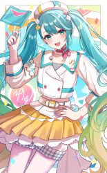 1girl 39 absurdres aqua_eyes aqua_hair aqua_nails aqua_trim belt blush choker flag frilled_choker frills gradient_hair green_hair hair_ornament hand_on_own_hip hat hatsune_miku highres holding holding_flag long_hair long_sleeves looking_at_viewer magical_mirai_(vocaloid) magical_mirai_miku magical_mirai_miku_(2024) multicolored_hair official_alternate_costume open_mouth plaid_clothes pleated_skirt shinzousan shirt skirt smile solo twintails very_long_hair white_belt white_hat white_shirt yellow_skirt