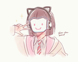 1girl animal_ear_headphones animal_ears black_headphones blunt_ends bob_cut brown_hair cat_ear_headphones closed_mouth collared_shirt commentary diagonal-striped_clothes diagonal-striped_necktie dress_shirt english_commentary fake_animal_ears grey_shirt headphones highres hood hooded_jacket ikizulive!_love_live!_bluebird jacket long_sleeves love_live! love_live!_nijigasaki_high_school_idol_club mixed-language_commentary necktie open_clothes open_jacket red_necktie sasaki_shion shirt short_hair sioneve smile solo sparkle striped_clothes trait_connection twitter_username w white_background white_jacket