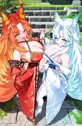 2girls animal_ear_fluff black_nails blue_eyes blue_hair blue_nails boots breast_press breasts cleavage colored_inner_hair fang floral_print gradient_hair gurumie hair_ornament high_heel_boots high_heels highres indie_virtual_youtuber interlocked_fingers multicolored_hair multiple_girls one_eye_closed open_mouth orange_eyes orange_hair red_hair smug_alana snowflake_hair_ornament snowflake_print stairs symmetrical_docking thighhighs virtual_youtuber white_boots white_hair white_thighhighs wide_sleeves