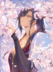 1girl black_hair blue_eyes breasts cherry_blossoms cleavage high_ponytail highres japanese_clothes kagura_(kagurai) kagurai_~kagura_and_raito~ kimono large_breasts long_hair mashutarou_(neko_no_oyashiro) ponytail solo upper_body