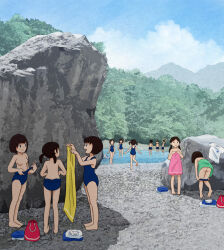 3girls 6+girls blue_one-piece_swimsuit breasts changing_clothes day dressing kiyo_(kyokyo1220) multiple_girls naked_towel nipples one-piece_swimsuit original outdoors river school_swimsuit swimsuit towel waving