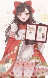 1girl :d absurdres apron blush bow brown_gloves brown_hair commentary_request cowboy_shot frilled_apron frilled_kimono frilled_sleeves frills glove_bow gloves hair_bow highres holding holding_menu japanese_clothes kimono long_hair long_sleeves looking_at_viewer menu myon_rio open_mouth orange_eyes project_sekai red_bow red_kimono red_shorts shiraishi_an shorts smile solo white_apron wide_sleeves
