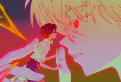 2boys black_pants brown_hair collared_shirt fishcoooo from_side giant gradient_background grey_hair hair_between_eyes high-waist_pants highres ikari_shinji in_palm male_focus multiple_boys nagisa_kaworu neon_genesis_evangelion pants puffy_sleeves red_eyes shirt short_hair size_difference the_end_of_evangelion white_shirt