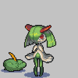 1girl animated closed_eyes closed_mouth colored_skin creatures_(company) eating female_focus flat_chest full_body game_freak gen_3_pokemon green_hair green_skin grey_background gulpin hair_over_one_eye hands_up happy jumping kirlia looping_animation lowres medium_hair multicolored_skin music musical_note nintendo o3o one_eye_covered open_mouth own_hands_together oyama_yoihaya pixel_art pokemon pokemon_(creature) red_eyes simple_background singing smile standing two-tone_skin u_u ugoira video white_skin
