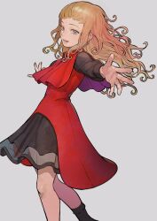 Rule 34 | 1girl, akaneko (redakanekocat), black skirt, blonde hair, blue eyes, commentary, curly hair, dress, feet out of frame, gnosia, grey background, highres, kukrushka (gnosia), layered dress, long hair, long sleeves, lower teeth only, open mouth, outstretched arms, red dress, see-through skirt layer, simple background, skirt, solo, spread arms, teeth