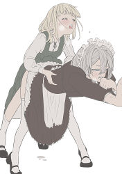 1futa 1girl bent_over blonde_hair blush clothes_lift dress dress_lift futa_with_female futanari grey_hair heavy_breathing kimari4r18 maid maid_headdress shoes socks
