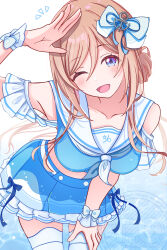 Rule 34 | 1girl, ;d, absurdres, arm up, blue bow, blue eyes, blue skirt, bow, breasts, brown hair, collarbone, commentary request, cowboy shot, crop top, frilled skirt, frills, gakuen idolmaster, hair between eyes, hair bow, hair ornament, hand on own thigh, highres, himesaki rinami, idolmaster, large breasts, leaning forward, looking at viewer, midriff, miniskirt, neckerchief, notice lines, one eye closed, open mouth, pleated skirt, sailor collar, salute, shirt, skirt, sleeveless, sleeveless shirt, smile, solo, thighhighs, tq amatouchan, watermark, zettai ryouiki